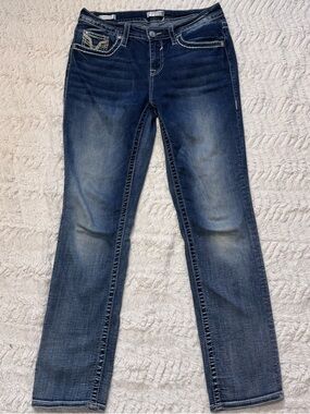 Vigoss Straight Leg Jeans Size 12 Medium Wash Distressed Pocket Y2K Western